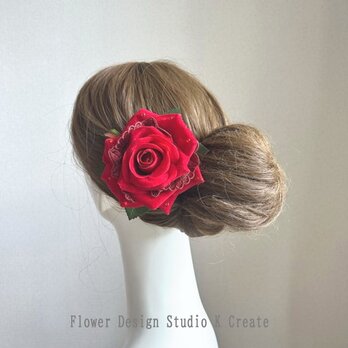 赤い薔薇とレースとライトストーンのヘアクリップ　フラメンコ　バレエ　フローレス　ダンス　髪飾り　赤い薔薇　キトリ　フラメンコ 赤