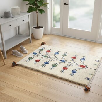 ペルシャ ギャッベ　玄関マット　ラグ　88x62cm　ザクロの木　アイボリー　グレー　RJ14142