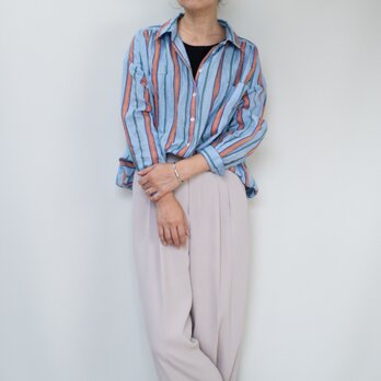 マルチストライプのリネンシャツ【スカイブルー×オレンジ・受注製作:納期7日】