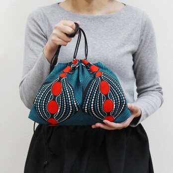 アフリカ布の巾着ショルダー（ ピーコックブルー ）斜めがけ たすき掛け インナーバッグ