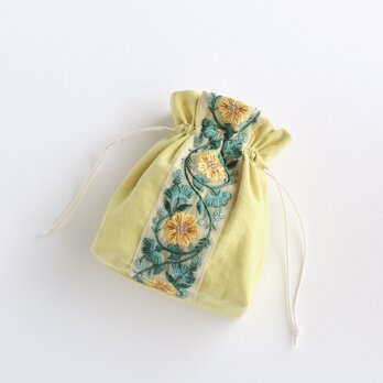 インド刺繍リボンのマチのある巾着ポーチ 　イエロー