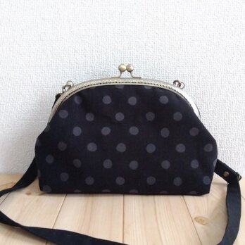 長財布も入る大きめ　コーデュロイのがま口ショルダーバッグ　25cm口金　ドット　ブラック系　388