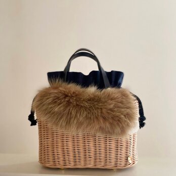 【1点在庫あり】手編みの籐かごバッグ/Megg  Bag panier/取り外せるファー付き/ブラックウォッチ/ かごバッグ