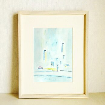 絵画｜原画「雨のバス停で」水彩 イラスト※木製額縁入り（八つ切りサイズ）