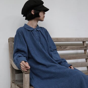 大人の上品な可愛らしさを演出 丸襟ワンピース　ロングワンピース　リネンワンピース  青　250918-1