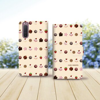 Android シンプル手帳型スマホケース（カメラ穴あり/はめ込みタイプ）【cute sweets（シャンパンカラー）】