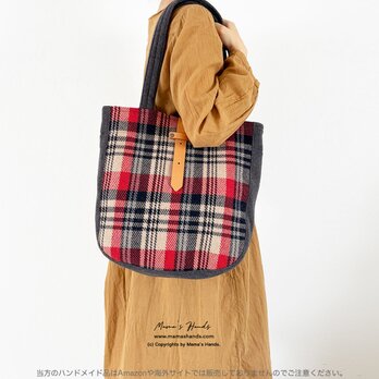 ⭐️5点売れました⭐️《英国調 チェック》ウール織り 軽い 赤系  黒 ベージュ グレー  革 (中) A4 トートバック