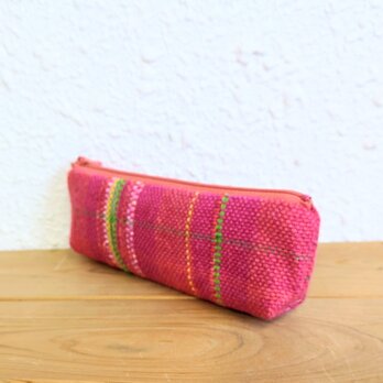 手織り裂き織りペンケースＢ(綿100％、ピンク色、ファスナー18cm)