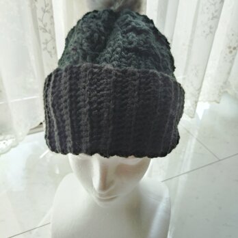 ニット帽 アラン模様 黒 ブラック グレー ポンポン ふわふわ ファー 帽子 大人用 手編み 編み物 編み