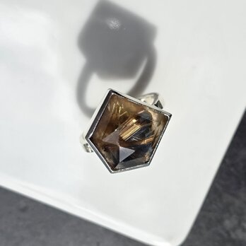 ルチルクォーツ　×　タイガーズアイ　ダブレット　変形5角形立体ラフカット　シルバーSV925リング