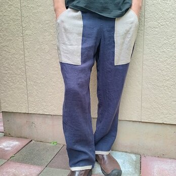 ロング麻パンツ（ナス紺×生成り）