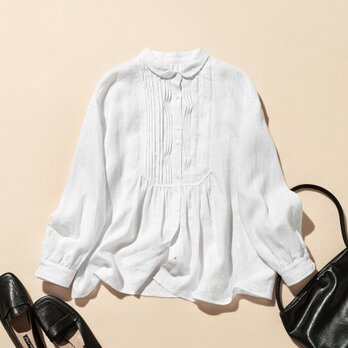 洗練された印象を叶える　大人のきれいめシャツブラウス 長袖ブラウス　リネン100％　ホワイト　250920-1