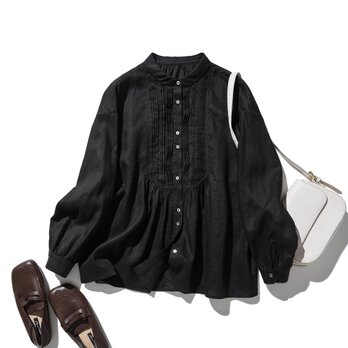 洗練された印象を叶える　大人のきれいめシャツブラウス 長袖ブラウス　リネン100％　ブラック　250920-2