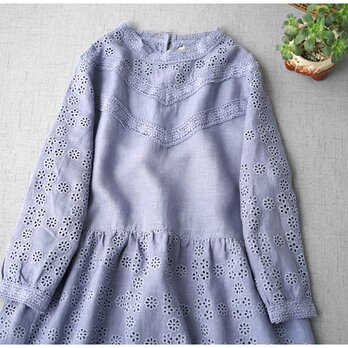リネン100%スカラップ刺繡大人可愛い長袖ワンピース♪