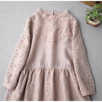 リネン100%スカラップ刺繡大人可愛い長袖ワンピース♪