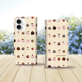 帯なし iPhone 手帳型スマホケース （カメラ穴あり/はめ込みタイプ）【cute sweets（シャンパンカラー）】