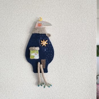 とりの夜さんぽ ブルー ｜ 壁飾り （左）