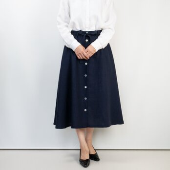 ギャザーフレアのレディなスカート【ネイビーリネン・ミモレ丈・W64-80・後ろゴム・貝ボタン】