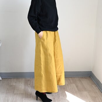 リネンミドル丈ワイドフレアパンツ：マスタードイエロー