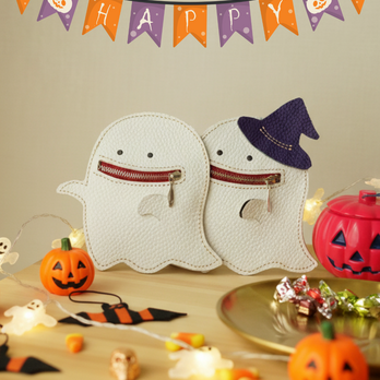 ハロウィンにぴったり！いたずら好きな本革レザー　ゴーストのカード＆コインケース