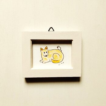 犬イラスト「仲良し」ミニ原画　ペン画　小さな絵　※木製額縁入り