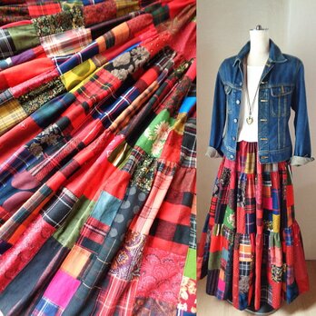 sold 絵画なパッチワーク♥大人の上質チェック＆フラワー♥ボリュームティアード ギャザースカート♥マキシ丈