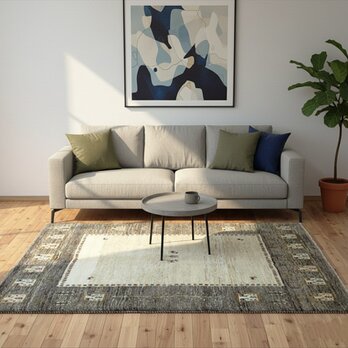 ペルシャ ギャッベ ラグ　195x153cm ベージュ グレー パネル RJ10714