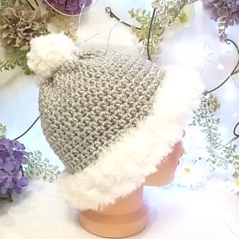 キッズ ニット帽 帽子 ニットキャップ バケットハット　手編み ライトグレー