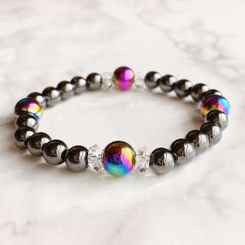 【再販5点以上】実現させたい夢への達成 ヘマタイトアクアオーラ・ヘマタイト 磁気入り 天然石 ブレスレット No322