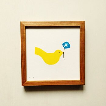 鳥のイラスト「花と鳥（黄色）」 絵画｜原画　※木製額縁入り　(18×18㎝フレーム）インテリアアート