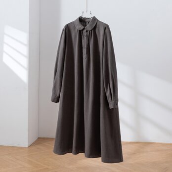 大人の上品な可愛らしさを演出 丸襟ワンピース　ロングワンピース　リネンワンピース 　ダークグレー250918-3