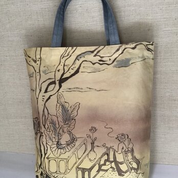 手描き染めのかばん　鳥獣戯画　綿100%の生成り生地　薄手　エコバッグ　軽量