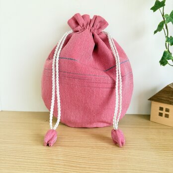 播州織のラウンド巾着袋（赤）