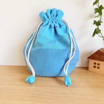 播州織のラウンド巾着袋（ターコイズブルー）