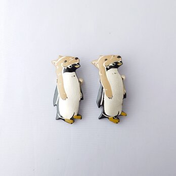 オオカミ・ジェンツーペンギン 漆ブローチ