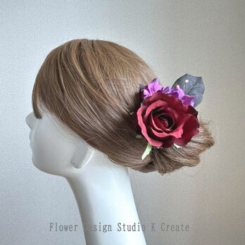 成人式・卒業袴・ダンスに♡ダークレッドの薔薇とパープルの紫陽花のアレンジUピン　ハロウィン　赤い薔薇　ダンス　髪飾り　フラメンコ
