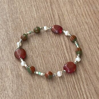 ビーズブレスレット No.138 レッドブラウン ヴィンテージビーズ シルバー パール オータムカラー