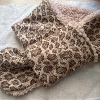 ハンドメイド◆差し込み式マフラーレオパードウール混ニツトファー