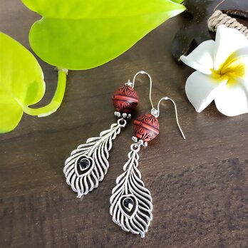 アンティークシルバー フェザーピアス 赤 ジェットブラック No.481-A