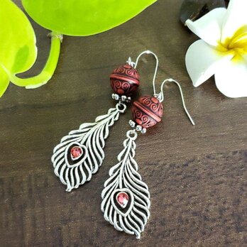 アンティークシルバー フェザーピアス 赤 スワロ インディアンピンクNo.480