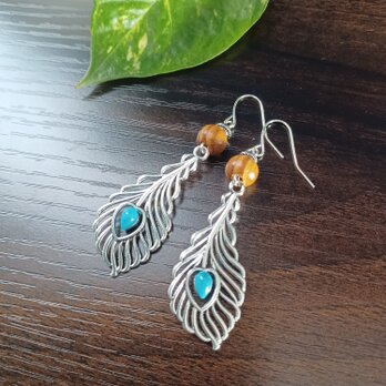 アンティークシルバー‪✿ウッド フェザーピアス ハンドメイド No.342