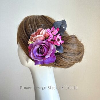 和装・フォーマル・ダンス髪飾りに♡紫の薔薇とピンクのコスモスのアレンジUピン　ハロウィン　パーティー　袴　着物　フラメンコ
