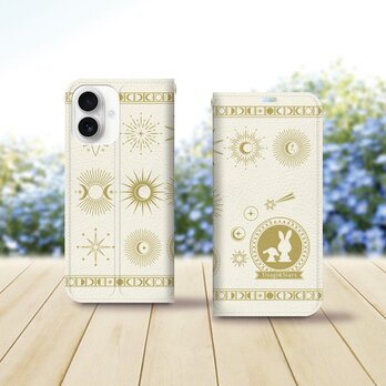 帯なし iPhone 手帳型スマホケース (カメラ穴あり/はめ込みタイプ)【Usagi&Stars(うさぎ&スターズ)】