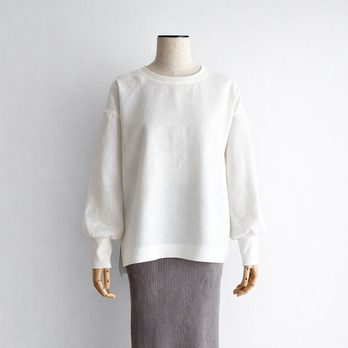 衿リブクルーネック 袖口リブ ふんわり袖の長袖プルオーバー｜リネン100%_White