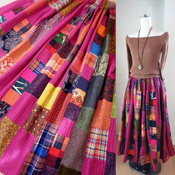 sold 絵画なパッチワーク♥Heart♥マゼンタピンク♥ボリュームギャザースカート