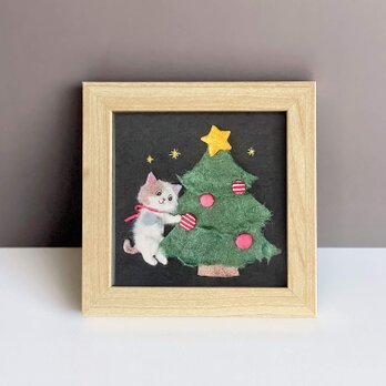 ［複製画］和紙ちぎり絵のアートプリント（無料ラッピング付き) 『クリスマスツリーとネコ』冬を彩る小さなウォールデコ