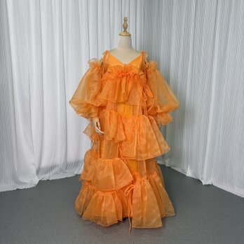 カラードレス オレンジ キャミソール Vネック 取り外し袖 アシンメトリードレス ロング 可愛い 花嫁 前撮り