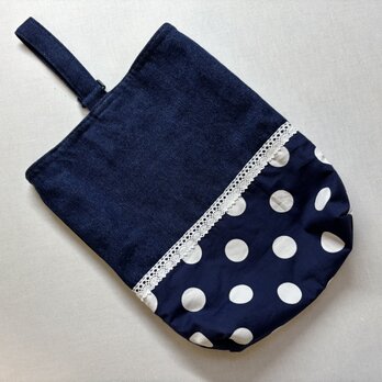 シューズ入れ【紺デニム×紺白水玉2cm】レースつき