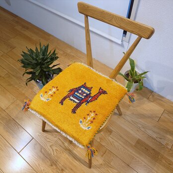 ペルシャ　ギャッベ　ミニマット　ラグ　横37x38㎝　ラクダ　黄金色　AJ26497