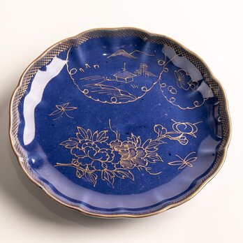古伊万里 瑠璃釉金彩山水牡丹文七寸皿 明治時代 D717